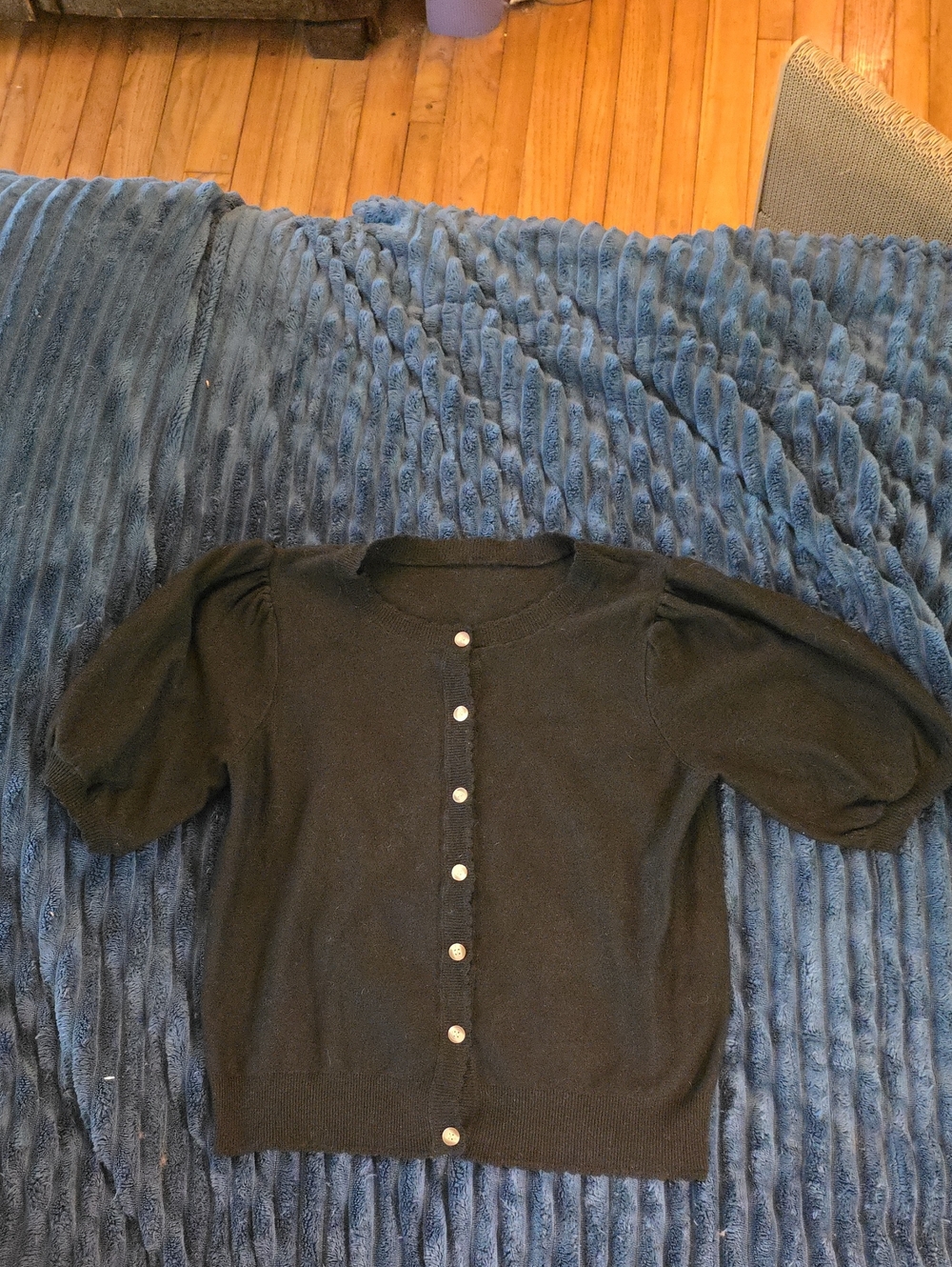 Black Puff Short Sleeve Cardigan with Pearl Buttons